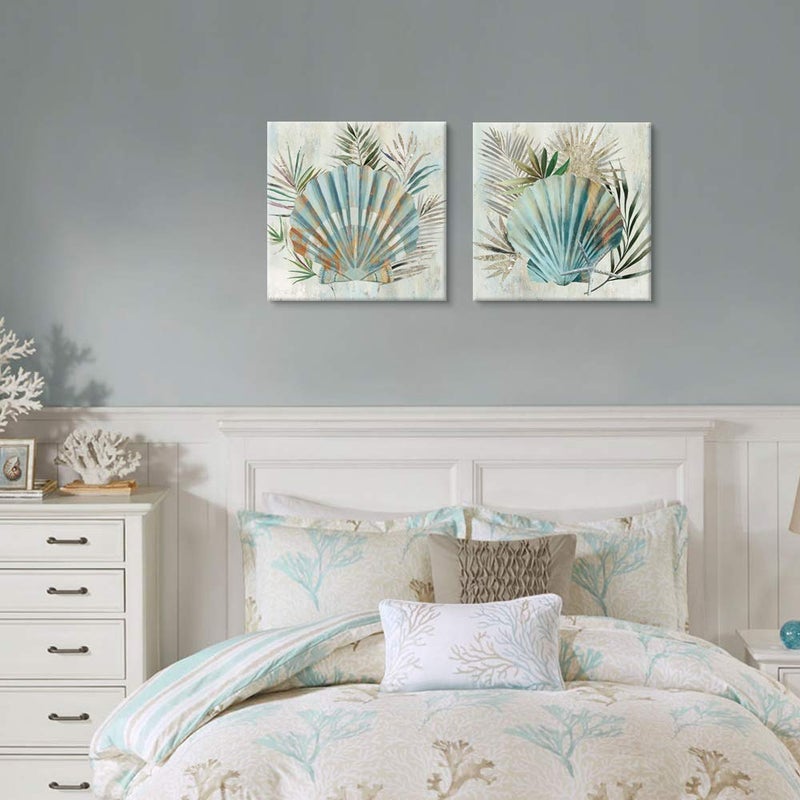 JAPO ART Turquoise Shell Pictures Modern Seashell with Tropical Palm Leaves Canvas Wall Art Coastal Wall Art for Bathroom Bedroom Livingroom Home Decorations 12x12Inchx2pcs - Image 5